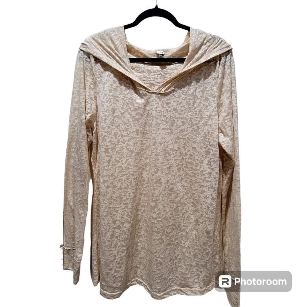 XL Beige Sheer Long Sleeve Hoodie Coverup Beachy Boho